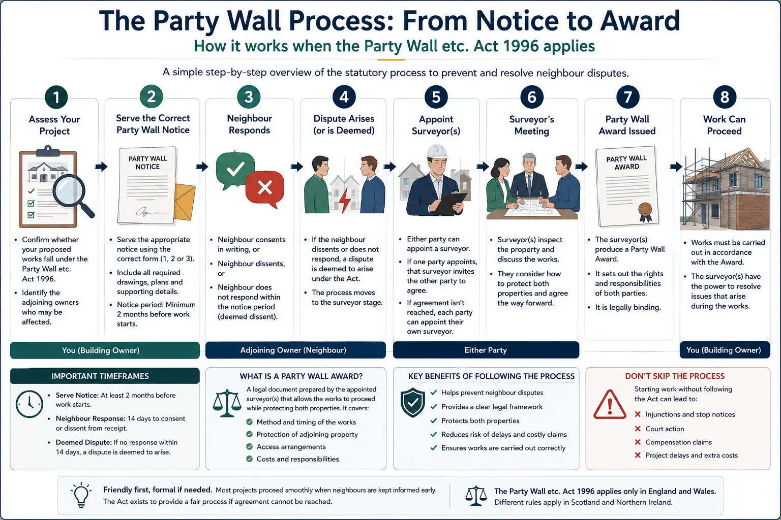 Do I Need a Party Wall Agreement? An infographic showing the party wall process from notice to award in a very interactive way for the citizens living in Telford, UK