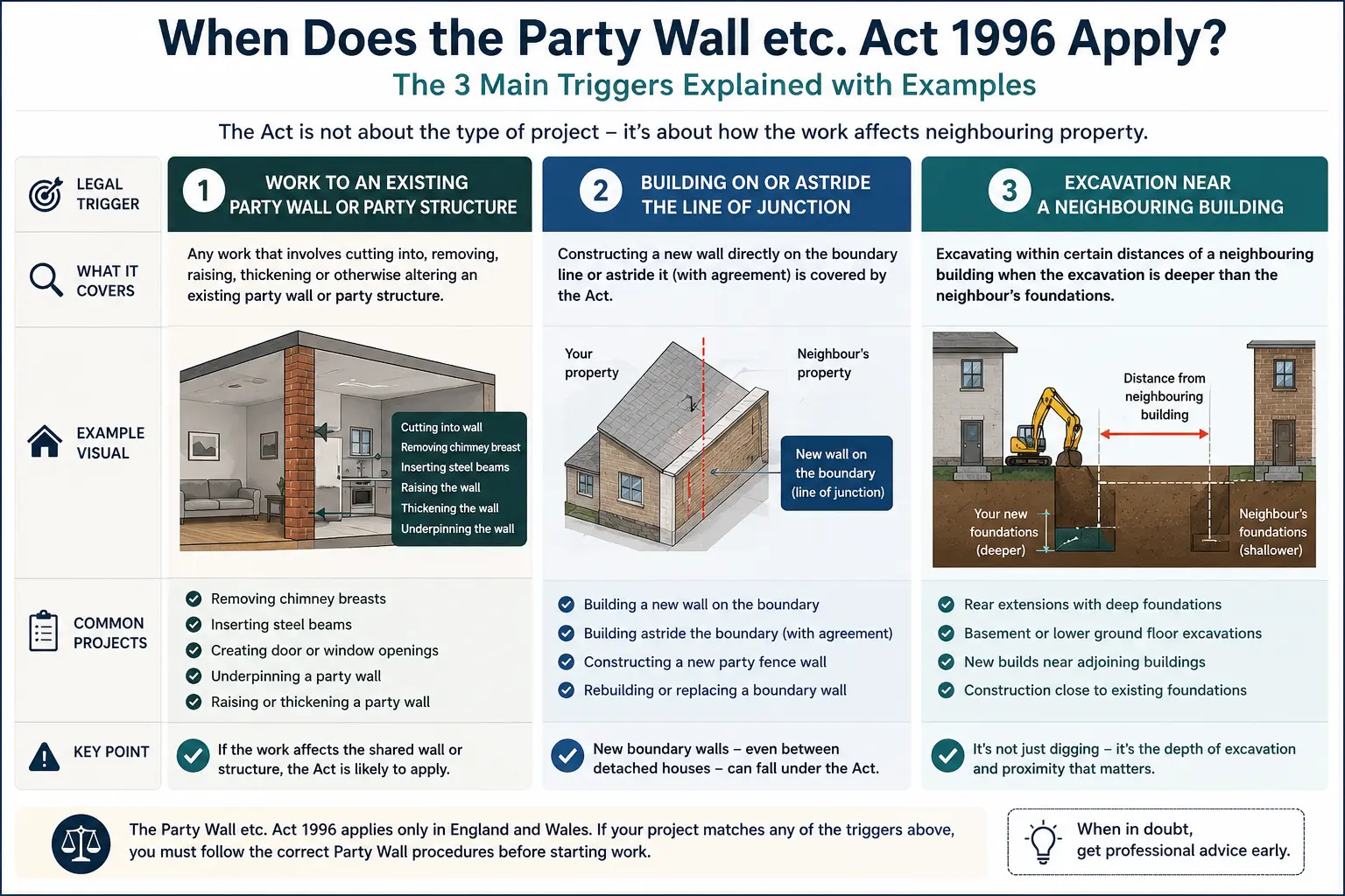 Do I Need a Party Wall Agreement? An infographic showing when does the party wall etc act 1996 apply like excavation, junction, painting, in Telford, UK
